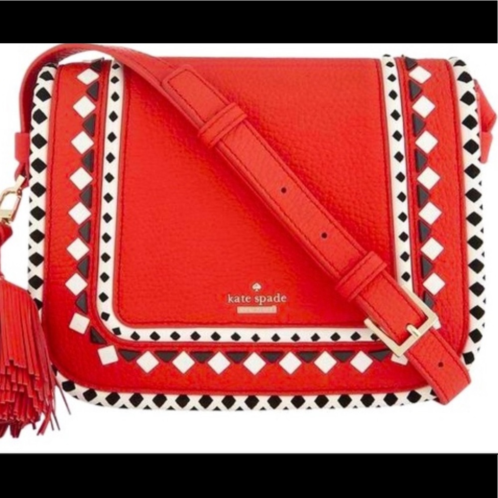 Kate Spade Prickly Pear rare red bag with tassels and black white checkered